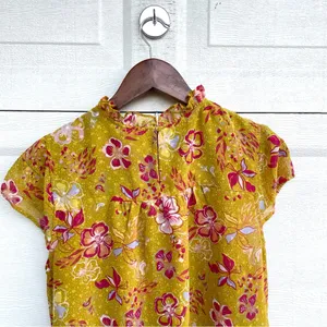 Joie Womens Shirt Blouse Mustard Yellow Pink Floral Ruffed Collar Medium thumbnail 5