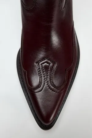 Zara burgundy leather western boots cowboy cowgirl boho ankle shoes thumbnail 2