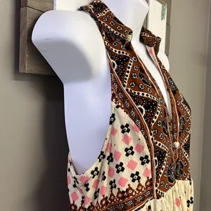 Free People Sleeveless Collared Boho Flowy Key Hole Tank V-Neck Tunic- Medium thumbnail 6