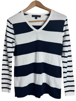 Tommy Hilfiger Classic Navy&White Nautical Striped V-neck Cotton Sweater size S thumbnail 1