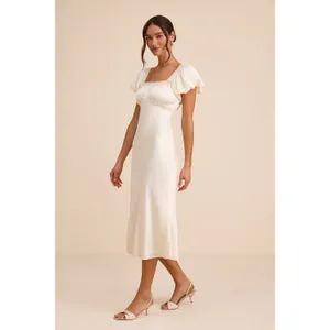Lulus Catherine Ivory Satin Puff Sleeve Slip Midi Dress Romantic Cocktail L NWT thumbnail 4