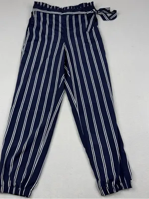 AQUA Paperbag Jogger Pants S Navy White Stripe High Rise Tie Waist thumbnail 1