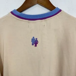 HOMME FEMME Small Beige Logo T-Shirt Ribbed‎ Collar Retro Streetwear Knit Tee thumbnail 7