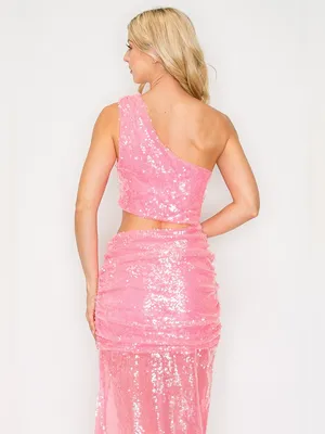 Luxxel NWT Barbie Pink Sequin One Shoulder Cutout Maxi Dress L thumbnail 5
