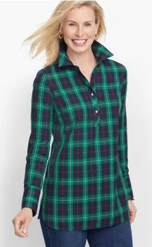NWT Talbots Perfect Popover Blouse 10 Preppy Workwear Casual Green‎ Tartan Plaid thumbnail 1
