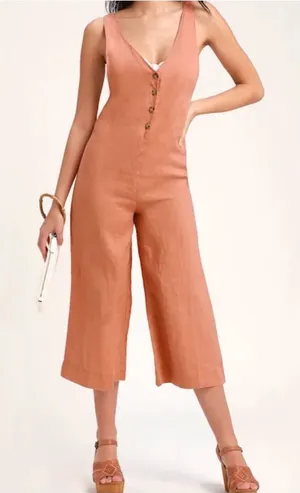 Rhythm V-Neck Button Front Wide-Leg Jumpsuit in Terracotta thumbnail 1