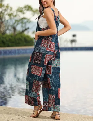 Himosyber Patchwork Jumpsuit Loose Floral Print Bohemian Wide Leg Overall 2XL thumbnail 4