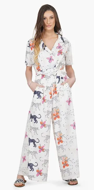 America and Beyond Jaguar Floral Silk Blend Jumpsuit Boho Resort Vacation Large thumbnail 1