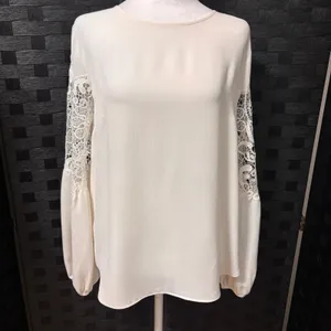 Ann Taylor Gauzy Blouse Womens S Cream Lace Crochet Lantern Sleeve‎ Boho Office thumbnail 2