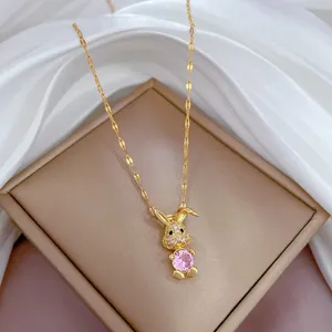 18K Gold Plated Bunny Pendant Necklace for Women,Pink Crystal Rabbit Necklace thumbnail 1