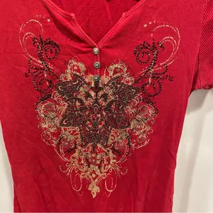Red y2k soft baby rib bling button neck cap sleeve top Live and let live thumbnail 9