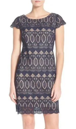 Eliza J Sheath Dress Womens 8 Navy Lace Wedding Guest Formal Feminine Romantic thumbnail 1