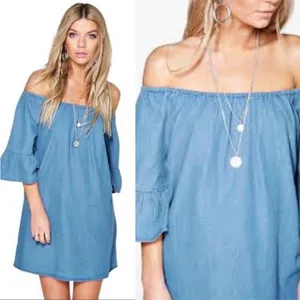Forever 21+ Off-Shoulder Chambray Dress | Light Wash Denim Look | Size 1X | NWT thumbnail 5