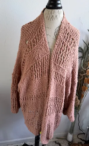 Free People Womens XS/S Oversized Chunky Open Knit Cardigan Terracotta Rose Boho thumbnail 1