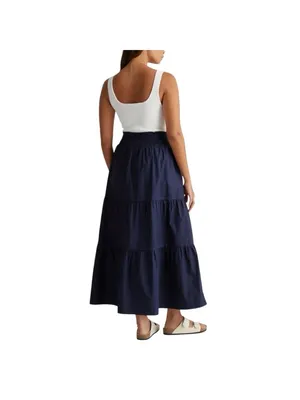 Quince Womens 100% Organic Cotton Poplin Tiered Maxi Skirt Navy XS Boho NWT thumbnail 3