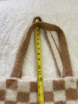 Free People Cozy Checkered Knit Tote Bag | Soft Fuzzy Neutral Bookbag Market thumbnail 6