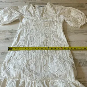 Zara Eyelet Cotton Midi Dress Puff Sleeve Belted Floral Ruffle Tiered Medium thumbnail 16