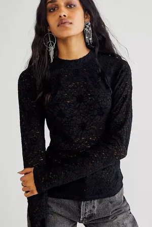 Free People Intimately Cloud Ride Black Lace Long Sleeve Top Size L thumbnail 1