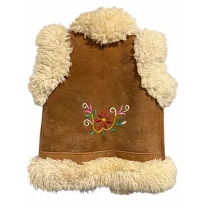 Handmade Vintage Mongolian‎ Fur Boho Suede Floral Embroidered Vest thumbnail 2