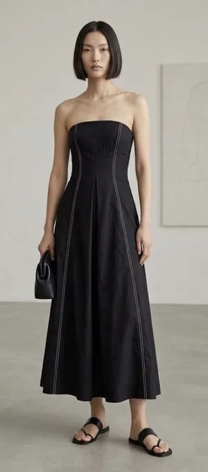 Mon Renn Winslow Midi Dress Linen Strapless Black Minimalistic Women Size M/10 thumbnail 1