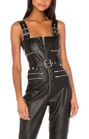 WE‎ WORE WHAT Moto Overalls Vegan Leather Black XS WWQ06 1 thumbnail 1