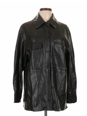 MANGO MNG Black Faux Leather Oversized Shacket Button Up Jacket Size L thumbnail 1