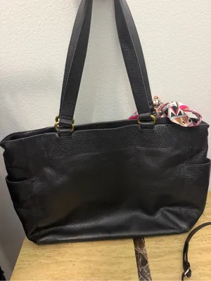 Fossil Black Leather Large Tote Bag with Decorative Scarf thumbnail 4