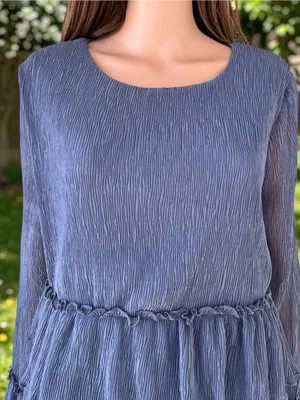 Lulus NWT Dusty Blue Tiered Chiffon Mini Dress Sheer Bell Sleeve M thumbnail 2