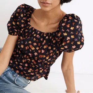 Madewell Puff-Sleeve Square Neck Smocked-Waist in Aloha Floral Crop Top S thumbnail 1