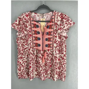 Vivilli Womens Blouse Floral Boho Tassel Tie Flutter Sleeve White Red Large thumbnail 2