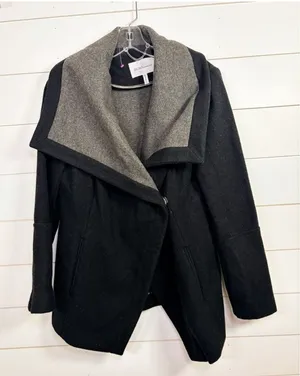 BCBGeneration Women's Wool Blend Knit Trim Trench Coat Black Gray Size Medium thumbnail 1