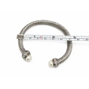 Silver stainless steel Twisted Cable Cuff Bangle Bracelet Pearl Clear Crystal thumbnail 3