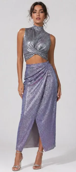 LULUS Chic Brunch Shimmer Sparkle Elegant Sophisticated Shimmer Lilac Midi Skirt thumbnail 1