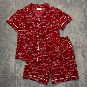 2092‎ | Script Print Two Piece Button Down Pajama Set Red White Women Small thumbnail 1