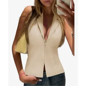 NEW Halter Blazer Vest Deep V Neck Zip Up Backless Smocked Waist M thumbnail 8