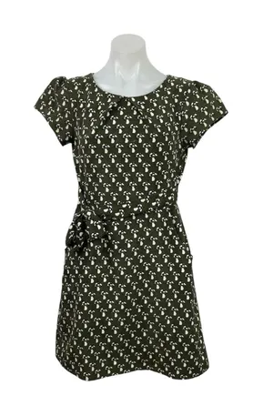Gold Kid Green Corduroy Mushroom Belted Puff Short Sleeve Mini A-Line Dress S/M thumbnail 1