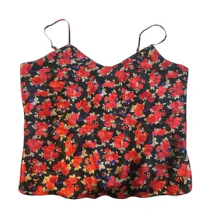 Black Floral Satin Cami Red Rose Print Y2K‎ Romantic Tank S/M Adjustable Straps thumbnail 1