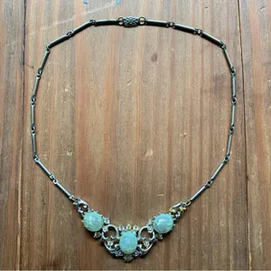 Opal Necklace Circlet Silver Statement Bib Vintage Elegant Mermaid Queen Jewelry Green thumbnail 1