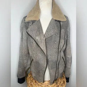 ASOS Gray Bomber Suede Leather Jacket Moto faux Sherpa Shearling Collar thumbnail 2