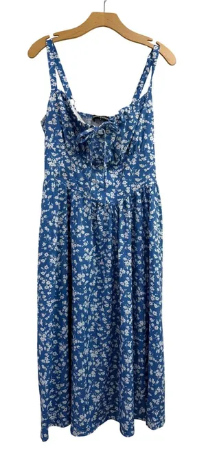 Scarlet Darkness Blue Floral Milkmaid Midi Dress Cottagecore Smocked sz Large thumbnail 1
