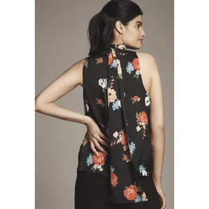 Anthropologie Black Floral Silky Halter Tank Lace Trim Sz XL Boho Romance NEW thumbnail 4