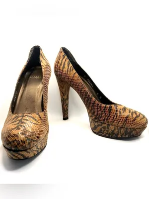 Stuart Weitzman Brown & Black Leather Animal Print Snakeskin Embossed Heels (9) thumbnail 4