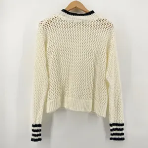 Elan Womens Cream Mock Neck Open Knit Sweater Black Stripe Cuff‎ Detail Medium thumbnail 6