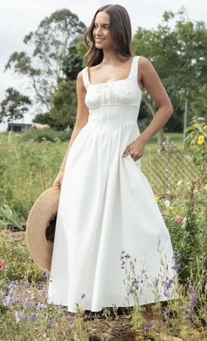 Petal & Pup Kinslee Midi Dress Linen White Sz L NEW $120 thumbnail 1