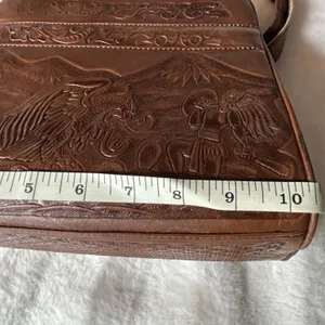 Vintage Hand Tooled Leather Shoulder Bag; dark Caramel Leather W/ Suede Interior thumbnail 9