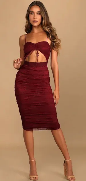 Lulus Burgundy Floral Lace Cutout Bodycon Midi Dress Size Medium thumbnail 1