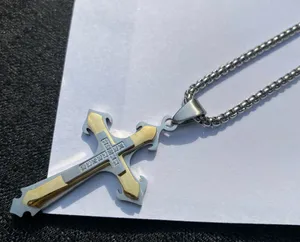 💎🩶 New Crystal Embellished Stainless Steel Two Tone Gold & Silver Edgy Crucifixion Cross Pendant Necklace 🩶💎 thumbnail 1