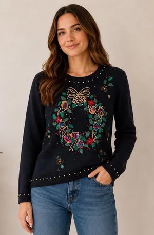 Arriviste Womens Black Embroidered Wreath Beaded Ugly Christmas‎ Sweater Small thumbnail 1