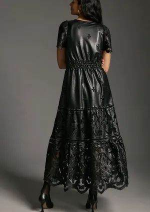 The Somerset Faux Leather Embroidered Cutwork Maxi Dress, Size XXS thumbnail 5