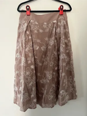100% Cotton Brown White Floral Embroidered Midi Skirt Large Cottagecore Earthy thumbnail 6